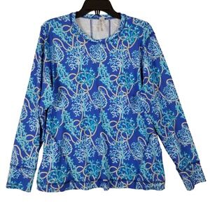 Lulu-B Womens XL Blue Coral Rope Print Long Sleeve Sun Shirt Nautical Top